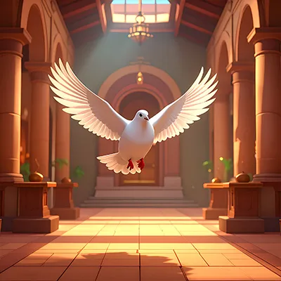 Une colombe s'envole dans le temple