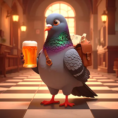 Un pigeon voyageur tient un verre de bière