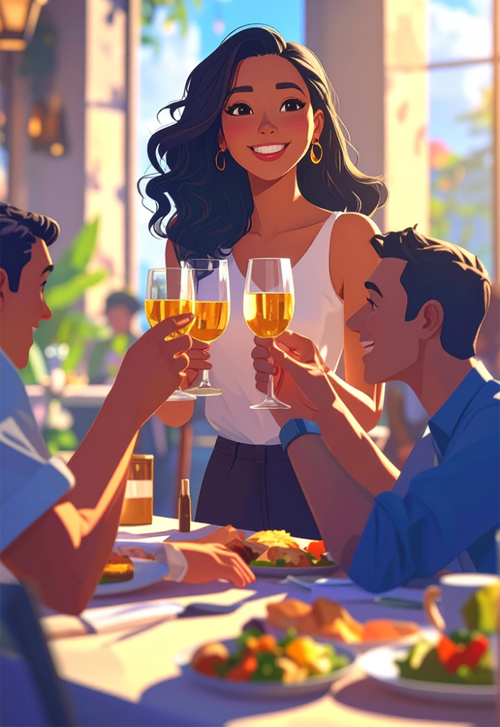 Trois personnes trinquent devant un bon repas
